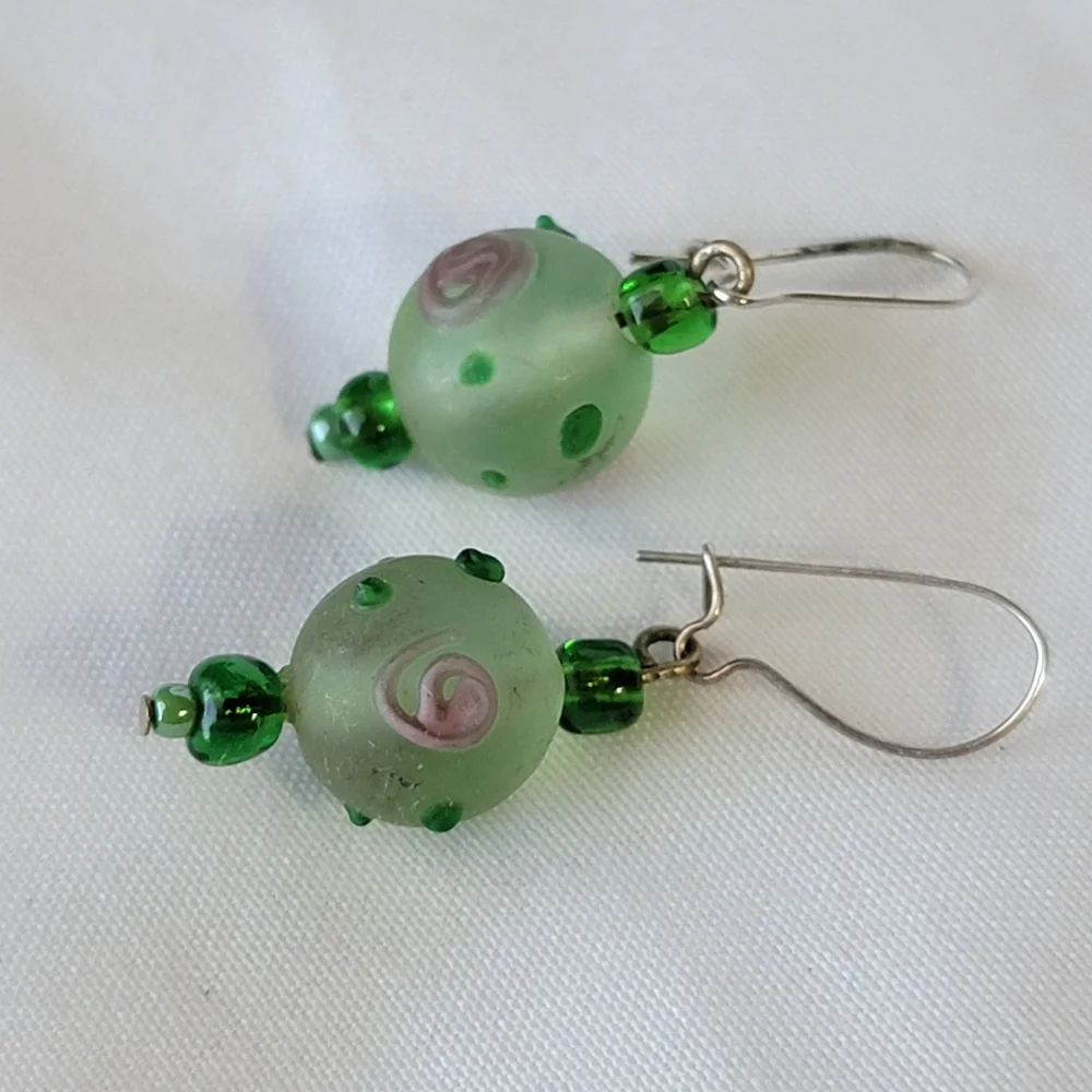 Green Glass Drop Earrings Lampwork Style